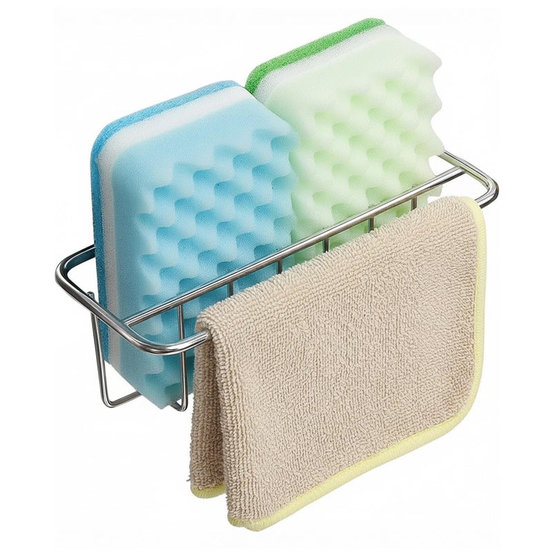 KESOL Adhesive Kitchen Sink Sponge Holder + Dish Cloth Hanger + Soap Holder, 2-in-1 Kitchen Sink Caddy, 304 Stainless Steel Rust Proof, Water Proof, No Drilling (Silver) - Image 1